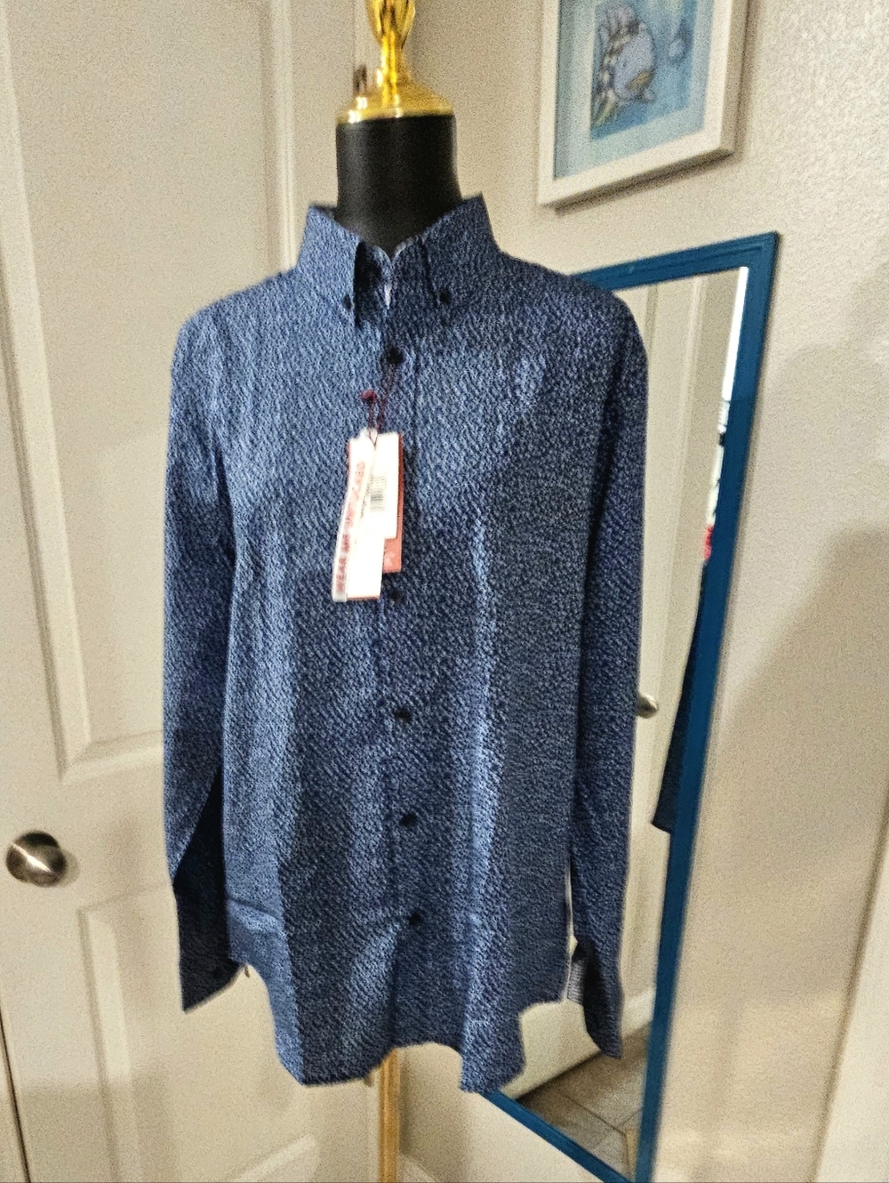 Men's Report Collection Are Blue Micro-Print Button-Down Shirt Size L
